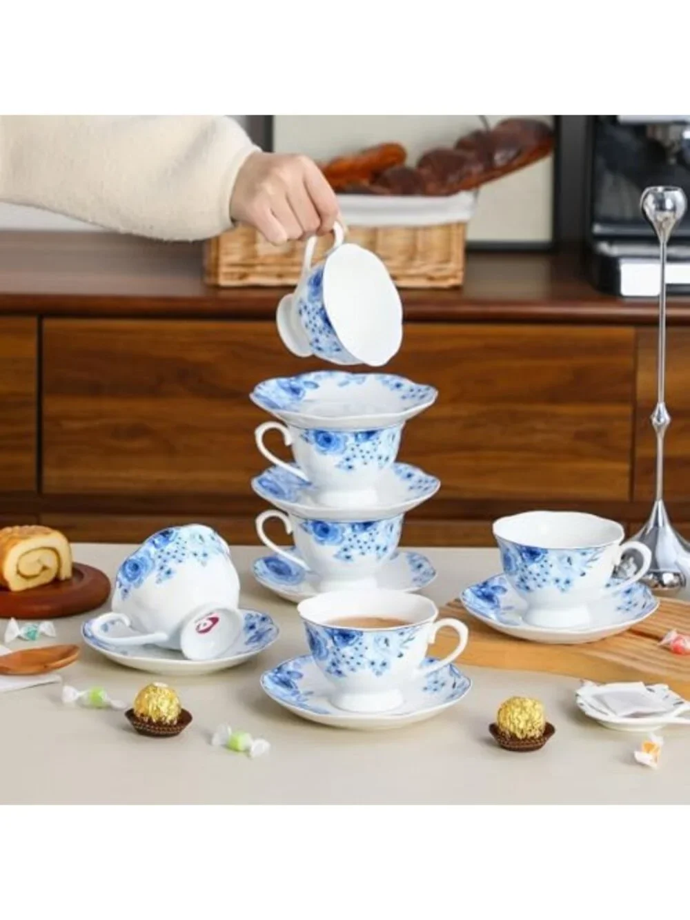 Elegant Blue Floral Porcelain Tea Cup & Saucer Set of 6 - Perfect for Tea Lovers
